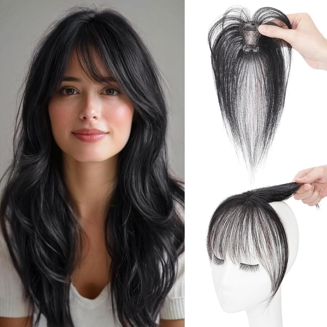 S-noilite Bangs Hair Clip,360 3D Cover Real Clip in Bangs Human Hair Toppers for Women With Wispy Bang Daily Wear(Natural Black)