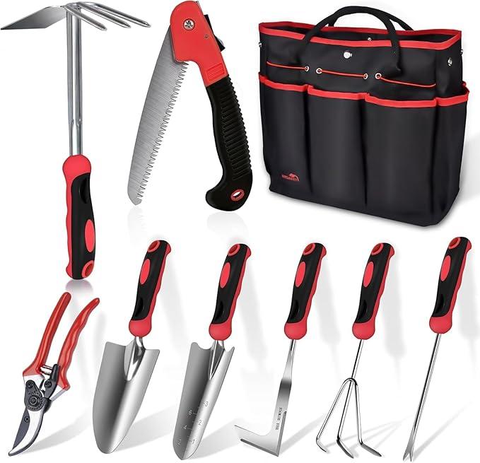 WisaKey 2 Sets of Gardening Tools, WisaKey 9 Piece Stainless Steel Heavy Duty Green Gardening Tools with Handle, Durable Garden Tool Bag, Gardening Gifts for Women and Men, Green & Red