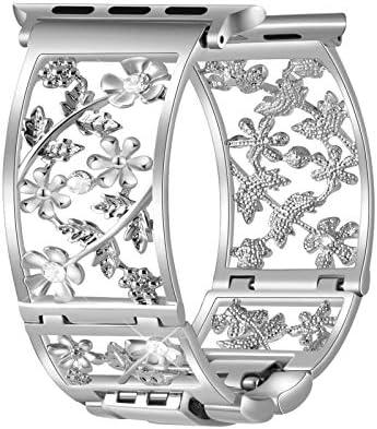 Duoan Floral Band Compatible with Apple Watch Jewelry Band 38mm 40mm 41mm 42mm iWatch Bands Series 10 9 8 7 SE,Bling Crystal Bracelet Hollow Metal Strap,Fashion Women Wristband(38/40/41/42mm,Silver)