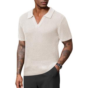 VOGSTART Mens Johnny Collar Polo Shirts Crochet Hollow Out Summer Casual Shirt (S-XXL) (Medium, White)