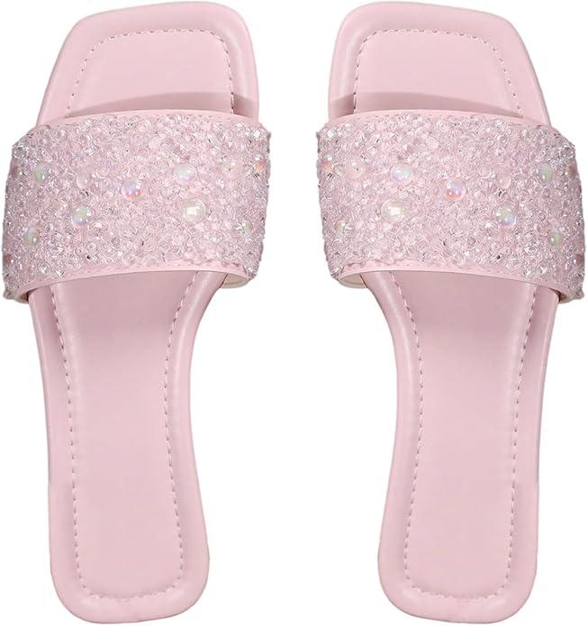 GORGLITTER Women's Sparkly Rhinestone Flat Sandals Dressy Cute Boho Trendy Square Toe Wedding Summer Slides Shoes Pink Size 9.5