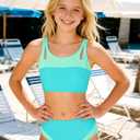 Teen Girls Swimsuits V-Neck Bikini Set Bathing Suits Cross Straps Two Piece Swimwear with Drawstring (Green)