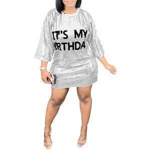 Its My Birthday Dress for Women Birthday Sequin Shirt Dress Letter Graphic Print Half Sleeve Dress (XX-Large, Silver)