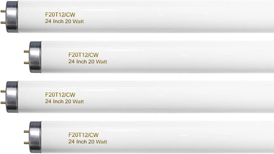 24 Inch T12 Fluorescent Tube Light Bulb 20 Watt Cool White, F20T12/CW 4100K Replacement for F20T12/CW/ALTO, F20T12/CW/ECO, F20T12/SP41/ECO G13 Base 1200 Lumens 4 Counts