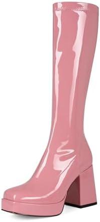 Pomoxikn Women's Knee High Boots Chunky Heel GoGo Boots for Women Square Toe Platform Boots Go Go for Fall Winter Size 11