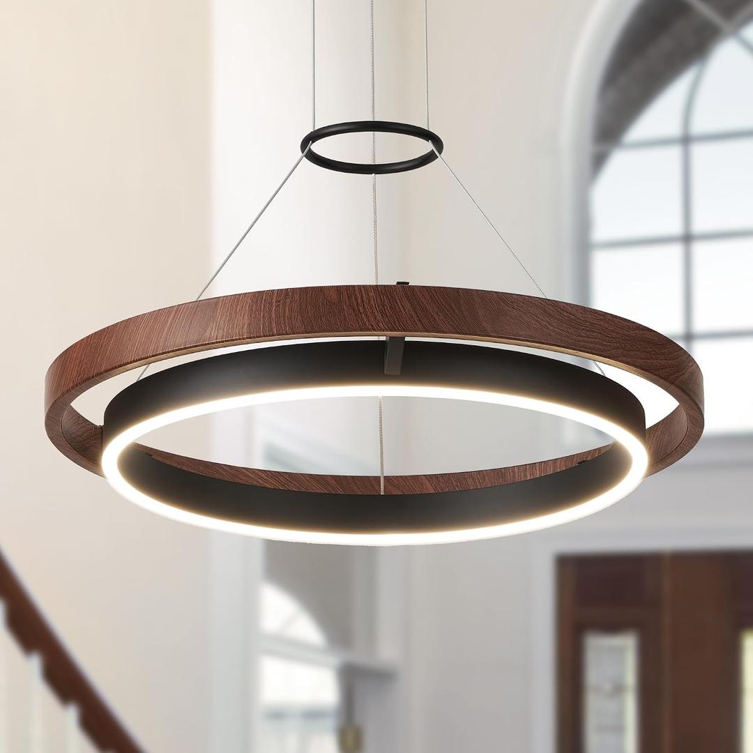Modern LED Chandelier,22" Wood Grain Finish Farmhouse Chandelier with Remote Control Dimmable for Dining Room, Living Room,Kitchen Island,Foyer
