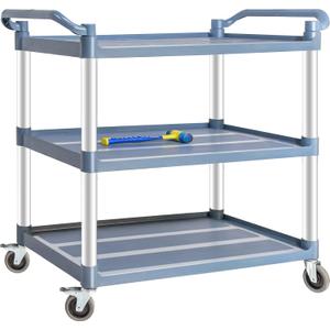 Plastic Utility Carts with Wheels, 3-Tier Large Size Restaurant Food Cart, Heavy Duty 600lbs Capacity Rolling Service Cart w/Hammer for Commercial, Kitchen, Office (Lockable Wheels, L-Grey)