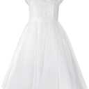 Lace Applique Tulle Flower Girl Dress for Wedding Ankle Length Kids Princess Pageant Dress Bow-Knot Proms Ball Gowns (12-13Y, White)