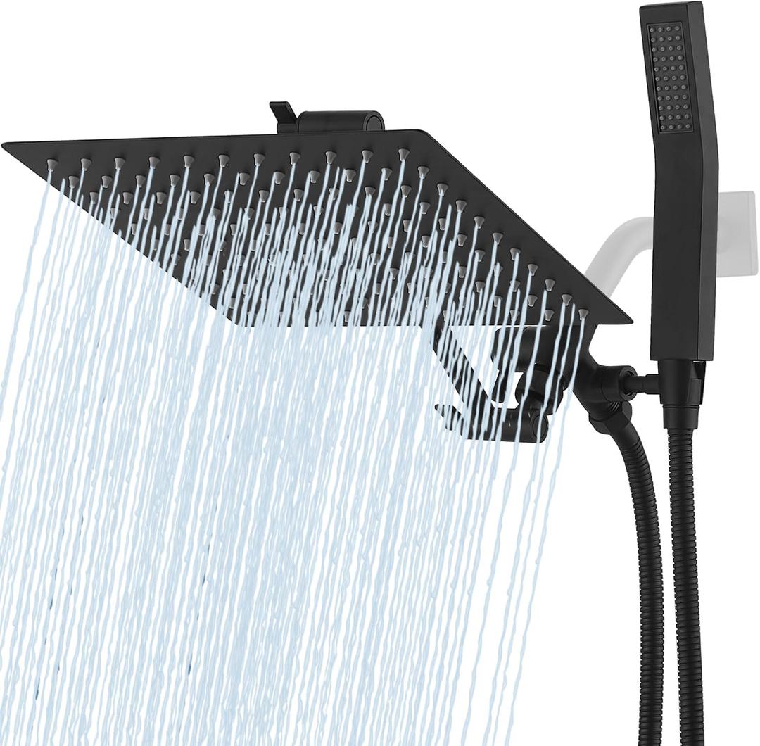 All Metal 10 Inch Rain Shower Head with Handheld Spray Combo, Waterfall Rainfall High Pressure Square Shower Heads with Adjustable Extension Arm, 70" Flexible Hose, 3-Way Diverter(Matte Black)