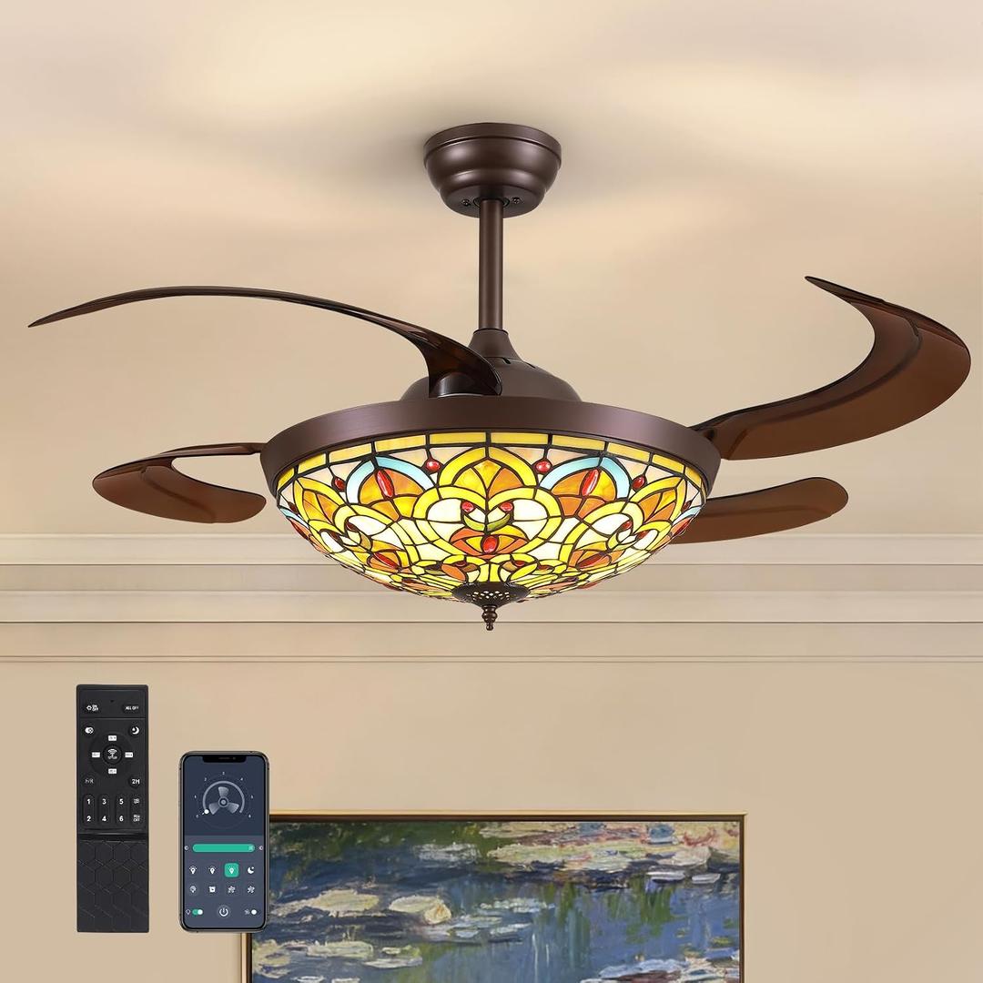 48" Tiffany Ceiling Fans with Lights Tiffany Vintage Fandelier Vintage Chandelier Fan Stained Glass Ceiling Fan Retractable Blades for Living Room Dining Room