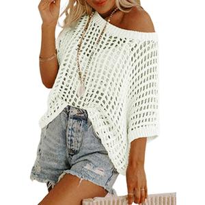White Crochet Tops for Women Short Sleeve Off the Shoulder Sweater Top Crochet Swimsuit Coverup for Beach Vacation Outfits XL