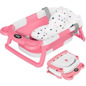 TPN Collapsible Baby Bathtub, Baby Bath Tub with Soft Cushion & Real-Time Thermometer, Baby Bathtub Infant to Toddler Tub (0-36 Months), Portable Newborn Travel Bath tub (Pink)