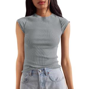 Tankaneo Womens Cap Sleeve Tops Crew Neck Ribbed Knit T Shirt Summer Casual Slim Fit Basic Tees Tshirt (L)