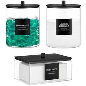 Glass Jars and Acrylic Dryer Sheet Holder, Laundry Pods Container with Bamboo Lid and 27 Labels, Powder Detergent Containers for Laundry Room Organization, Storage Jars Set (3 Pack, Black)