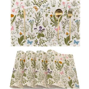 Vintage Herbs Flowers Placemats Set of 4, Garden Place Mats Heat Resistant Washable Non-Slip Table Mats for Party Kitchen Dining Decor 12x18 Inch