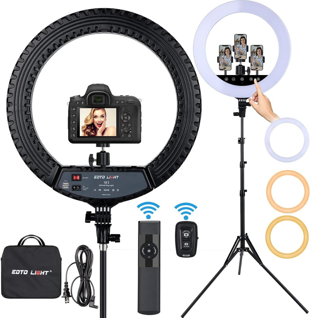Upgraded 18 inch LED Ring Light with Tripod Stand, Selfie Ring Light with Touch Panel for Makeup Studio Portrait YouTube Vlog Video Shooting with Carrying Bag and Remote Controller, CRI>90