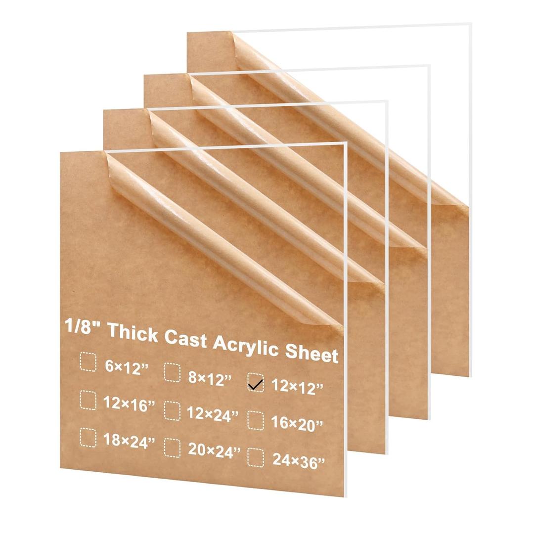 KINLINK 12x12 Plexiglass Sheets 1/8 inch-3mm Clear Acrylic Sheets, Clear Plastic Board Polycarbonate Sheet for DIY Project, Craft, Picture Frames, Acrylic Sign, Weding Invitaton, 4 Pack
