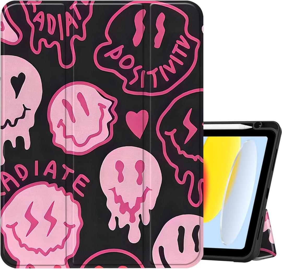 Compatible with iPad (A16) 11th Generation 11 Inch 2025,10th Generation Case 2022,iPad 10.9 Inch Case Pencil Holder Soft Back Auto Sleep/Wake Cover Women Girls Cute Preppy Face-Black Pink