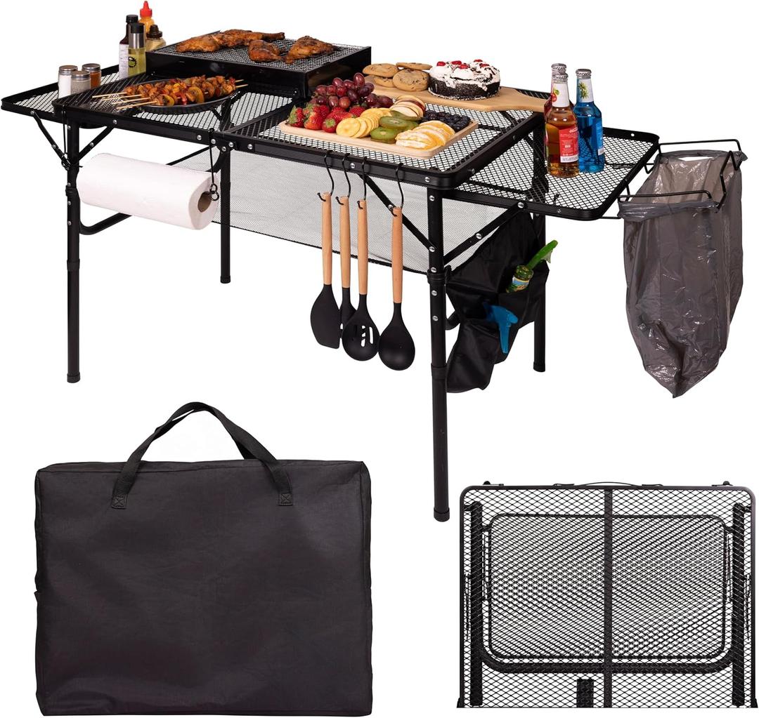 Folding Table w/ Carry Bag, Paper Towel Holder, Garbage Holder, Wing Panels, 3x2 FT Foldable Table for Portable Grill, Picnic, Outdoor, Beach, Small Folding Table Adjustable Height,Camping Table, BBQ