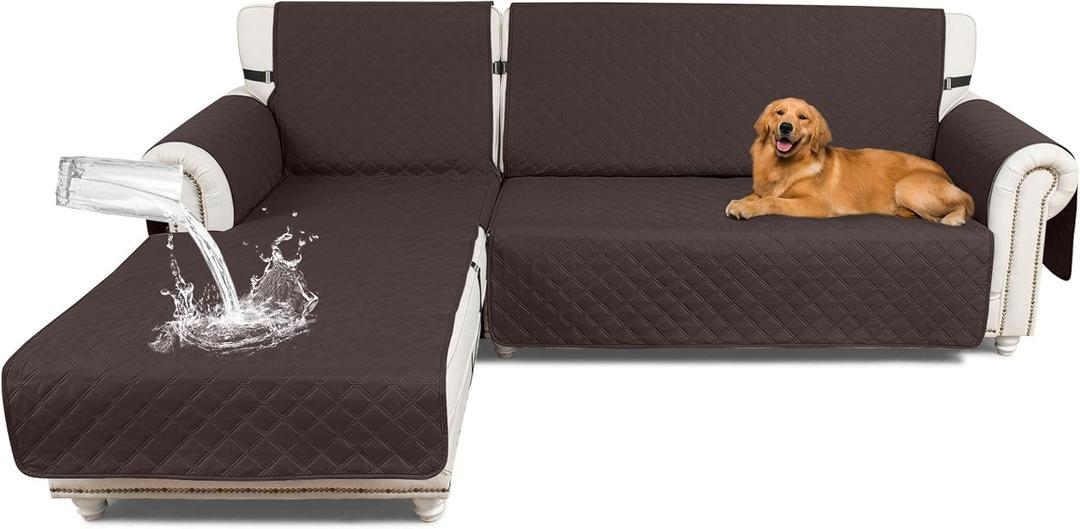 Sectional Couch Covers 100% Waterproof L Shaped Sofa Slipcover Reversible Chaise Lounge Cover for Sectional Sofa Cover for Pets Cat Dog Kids Family (X-Large, Brown)