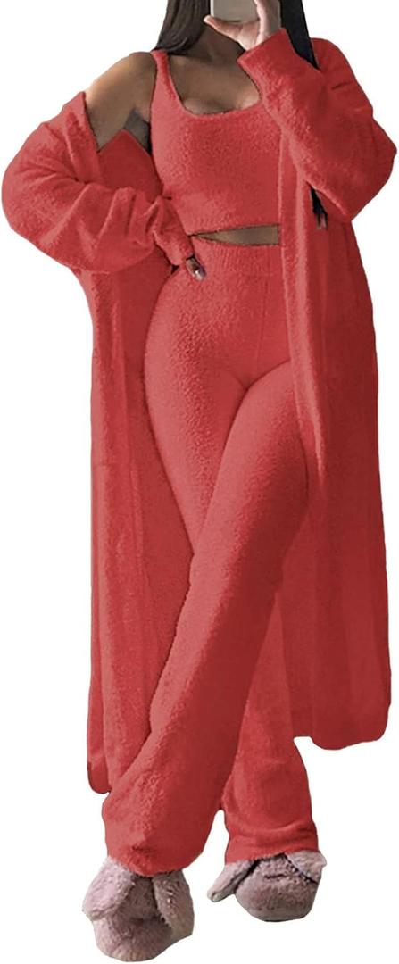 Fixmatti Women's Fuzzy 3 Piece Sweatsuit Open Front Cardigan Crop Tank Tops Wide Legs Pants Lounge Sets (1-red) S