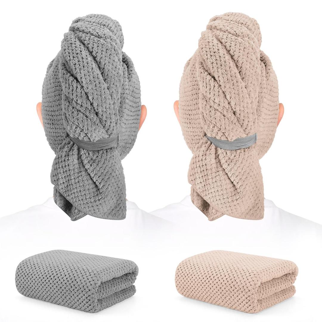 BEoffer 2 Pack Microfiber Hair Towel - 41 x 24 inches Super Soft, Absorbent, Fast Drying Without Frizz Hair Towel Wrap for Women Long, Thick, Curly Hair - Hair Turbans with Elastic Strap (Gray Camel)