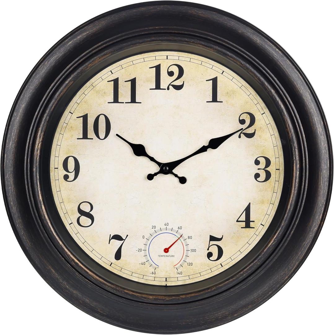 Large Outdoor Clocks Waterproof with Thermometer Combo Vintage Outdoor Wall Clock Decor for Patio Pool Garden(18 Inch)