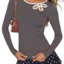 MEROKEETY Womens Trendy Spring Cut Out Tops 2026 Long Sleeve Boat Neck Y2k Slim Fit Casual Going Out T Shirts Blouses Clothes (Gray, M)
