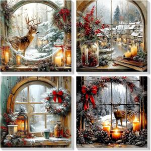 Bowetile 4 Pack Framed Paint by Numbers Deer for Adults Beginners, Adults' Paint-by-Number Deer Kits on Canvas, DIY Acrylic Number Painting Crafts Kits Christmas Gifts for Home Decor, 8x8in