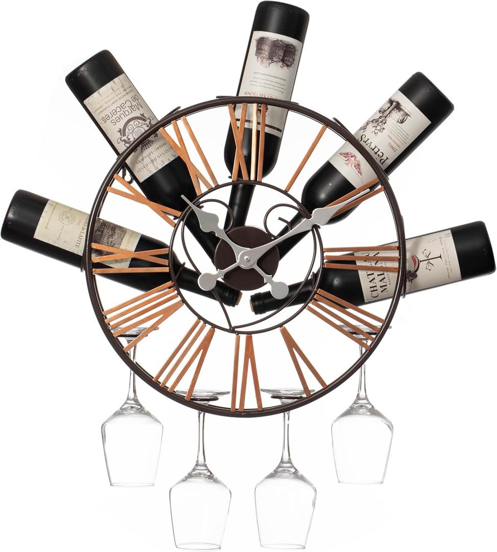 Vintiquewise Wall-Mounted Clock Design Wine Holder with Stemware Rack - Unique Shelf for Champagne, White & Red Wine Organizer with 4 Glass Holders, Wine Bottle Display for Home, Kitchen and Bar Decor