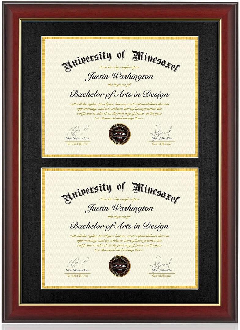 Double Diploma Frame with Mat Fits Two 8.5x11 Inch Certificates, Documents and College Degree, Cherry Red 14x20 Frame with Golden Trim for 8 1/2 x 11 with Black Gold Double Mat Wall Mounting