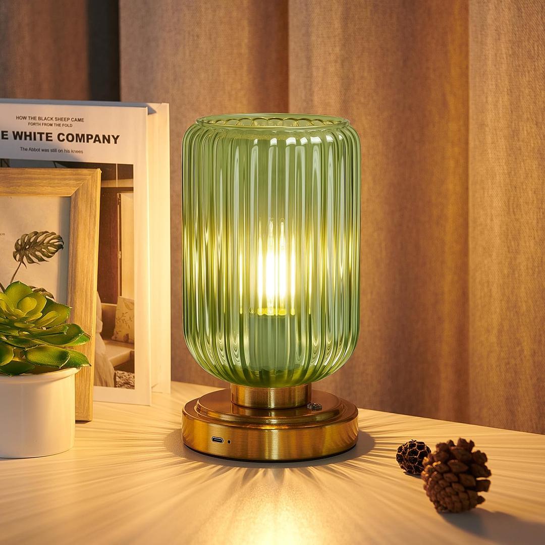 Cordless Table Lamp for Bedroom, 7500mAh Rechargeable Battery Operated Lamp, Modern Touch Dimmable Wireless Lamp Gold Base Green Glass Shade for Living Room, Desk, Led Bulb Included