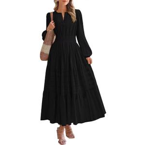 Women's Long Sleeve Maxi Dress with Pockets Spring Fall 2026 V-Neck Flowy Casual Wedding Guest Dress Elastic Waist 2XL