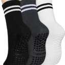 Grippy Pilates Socks with Grips for Women, Non Slip Yoga Socks, 3 Pairs (Striped-Black-White-Gray)