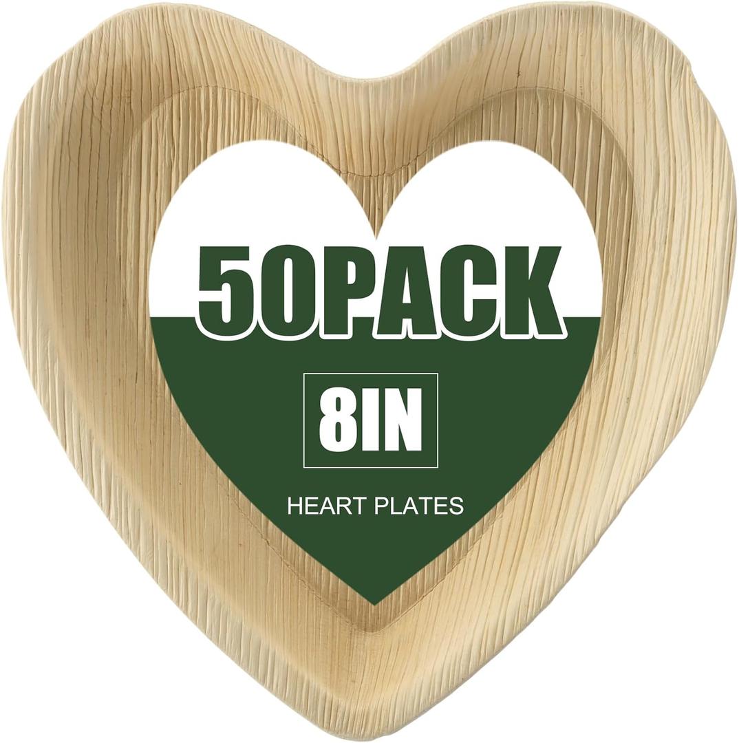 50 Pcs Heart Shaped Palm Leaf Plates, Disposable Compostable Plates, Bamboo Like Charcuterie Boards for Wedding, Party, Catering, Camping, Events and Daily Use (8 inches/ 20.32 cm)