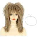 Karlery Women Men Long Curly Light Brown Wig with Necklace 70s 80s Rocker Mullet Costume Wig Halloween Cosplay Party Wig