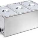 SYBO Commercial Grade Stainless Steel Bain Marie Buffet Food Warmer Steam Table for Catering and Restaurants, Good for Parties Buffet Servers and Warmers, 3 Sections with Tap, Sliver