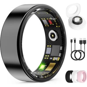 Smart Ring for Women & Men, Health Tracker Ring with Heart Rate, Blood Oxygen,Blood Pressure, IP68 Waterproof Fitness Ring, Sleep Tracker for iPhone and Android, No APP Fee (Black, 6#)