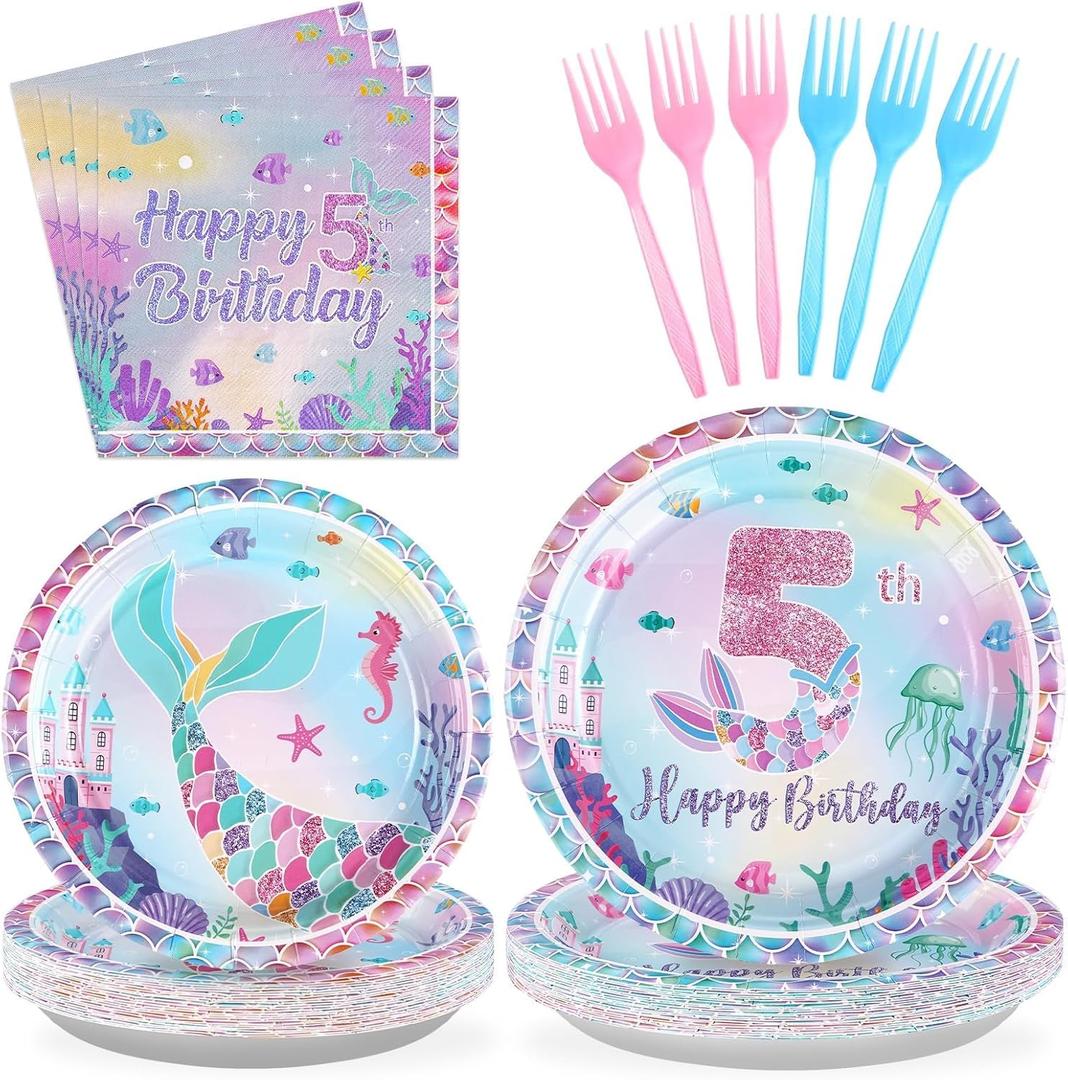 Grencian 96Pcs Mermaid Birthday Party Decorations Mermaid 5th Birthday Plates and Napkins Disposable Tableware Set for 5 Year Old Girl Little Mermaids Party Supplies Decorations Serves 24