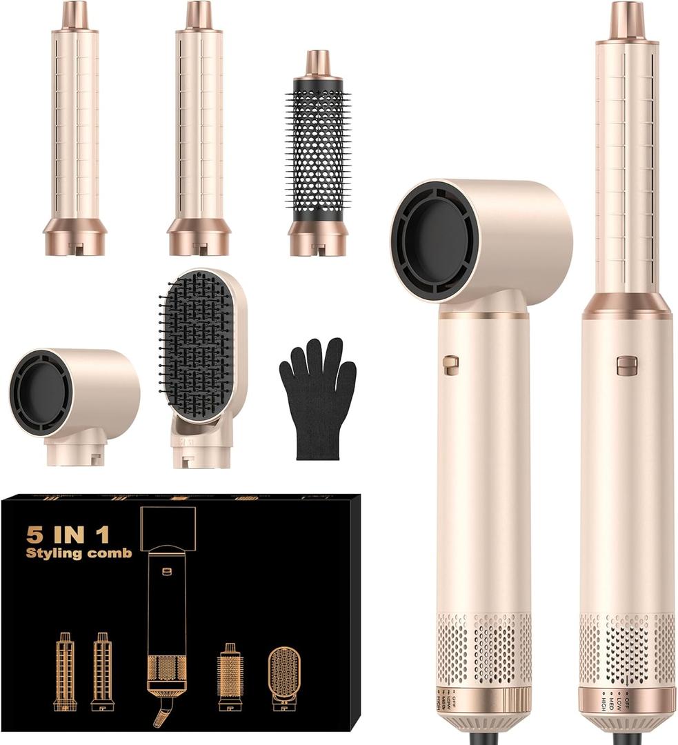 5 in 1 Hair Dryer Brush Set, Negative Ion Blow Dryer Brush Upgrade Hot Air Brush Air Styler Curling Wrap Air Curler, Curling Iron Hair Styling Tools As A Gift for Straight/Curl/Drying/Smoothing (Rice Gold)