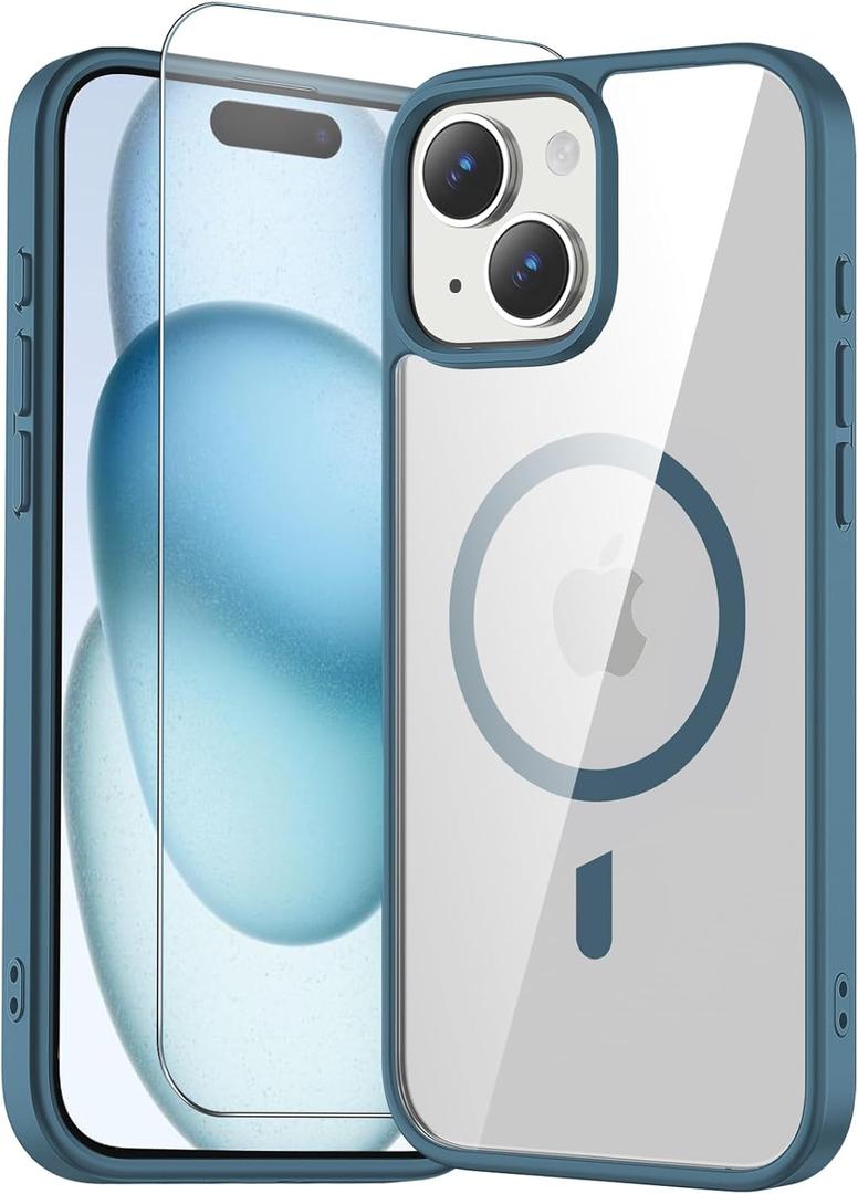 for iPhone 14 Plus & iPhone 15 Plus Case Clear with Screen Protector, Compatible with Magsafe, Anti-Yellowing, Military-Grade Protection, Shockproof Slim Magnetic Phone Case Cover, Clear Blue
