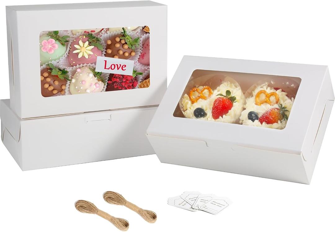 LINSHRY 25 Pcs White Cookie Boxes with Window, 9x6.3x3inch Bakery Boxes for Gift Giving, Holiday and Birthday Party Treat Boxes for chocolate strawberries, Dessert, Donuts, Pastries