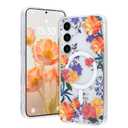 AIGOMARA Magnetic for Samsung Galaxy S24 Plus Case [Compatible with MagSafe] Clear Floral Flower Pattern Design, Slim Anti-Yellowing Shockproof Phone Cover for Women Girls, Orange