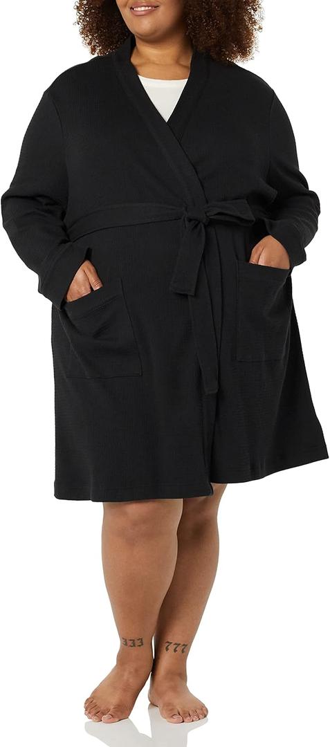 Amazon Essentials Women's Lightweight Cotton Waffle Mid-Length Bathrobe Black, 1X