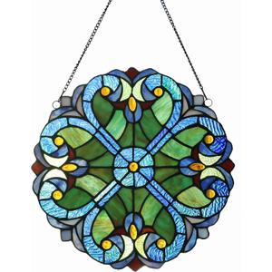 Stained Glass Panel: 12 Inch/16 Inch Decorative Window Hanging Suncatcher - Small Round Tiffany Style Ornament - Blue Heart Decoration for The Wall or Windows (12 Inch) (Green)