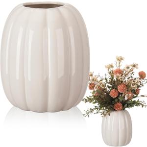 6.7 Inch Ceramic Pumpkin Vase Large Artificial Fake White Pumpkin Flower Vase Decorative Plant Pots for Fall Autumn Halloween Harvest Thanksgiving Farmhouses Home Room Office Decorations
