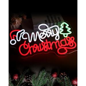 Merry Christmas Neon Sign, Christmas Tree Neon Light for Wall Decor, USB Powered & Dimmable for Home, Office, Xmas Party Indoor Decoration (16.9x10.2 Inch)