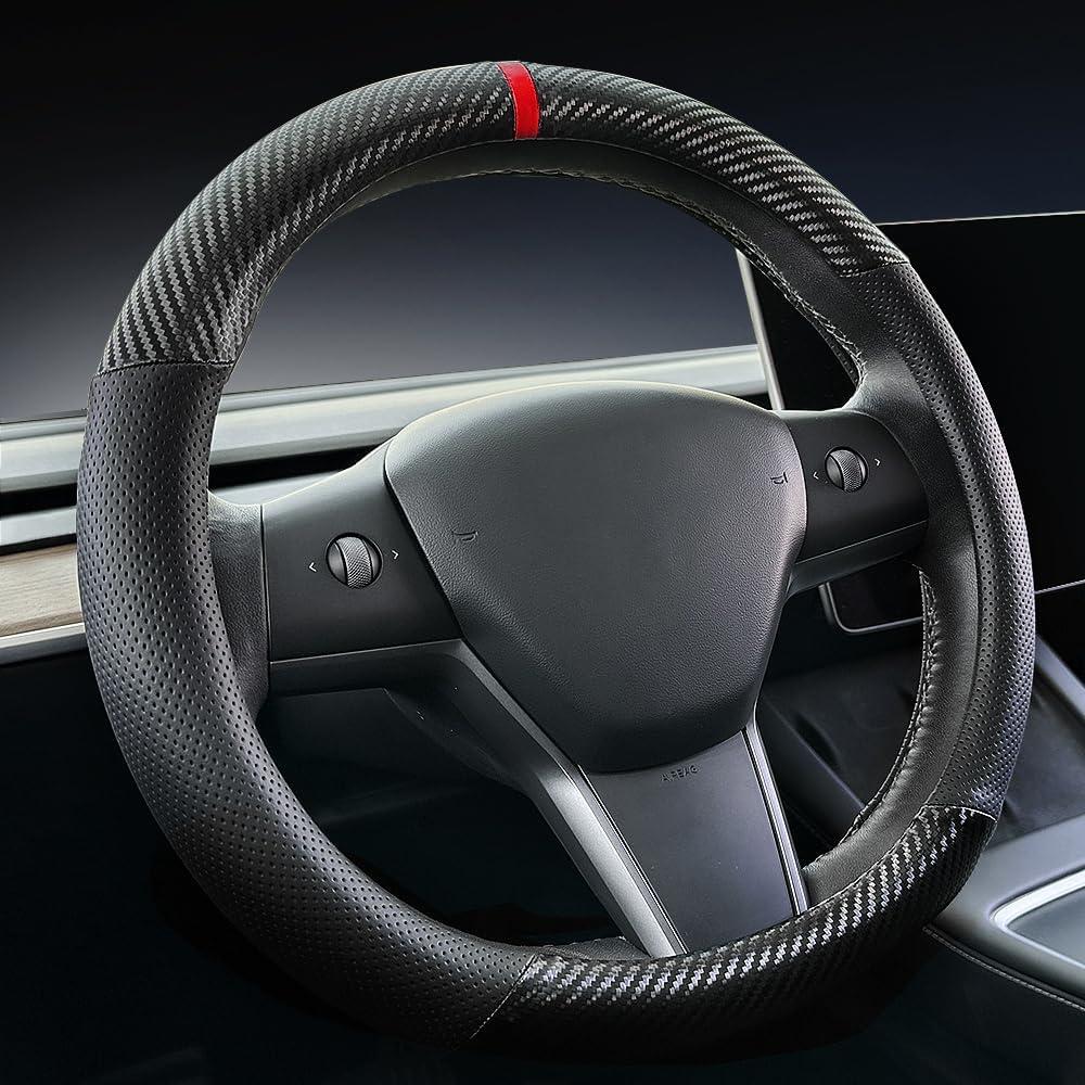 Carodi Carbon Fiber Leather Car Steering Wheel Cover ，for Tesla Model 3 / Model Y Steering Wheel Cover