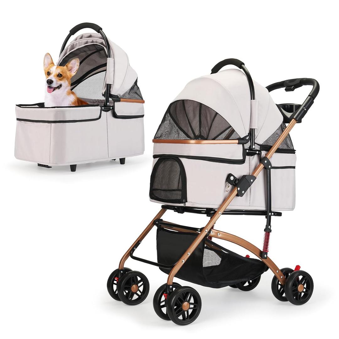 3-in-1 Foldable Pet Stroller for Medium Dogs & Cats up to 50lbs  Detachable Carrier & Car Seat with Storage Basket, 5 Lockable Wheels  All-Terrain Design for Jogging, Walking, and Travel (Grey)