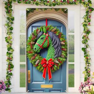 2 x BlissYard Christmas Door Cover 35x71 Inch Festive Horse Head Wreath Pine Cones Berries Holiday Banner Polyester Fabric Door Banner for Unique Home Entryway Equestrian Theme Decor Backdrop